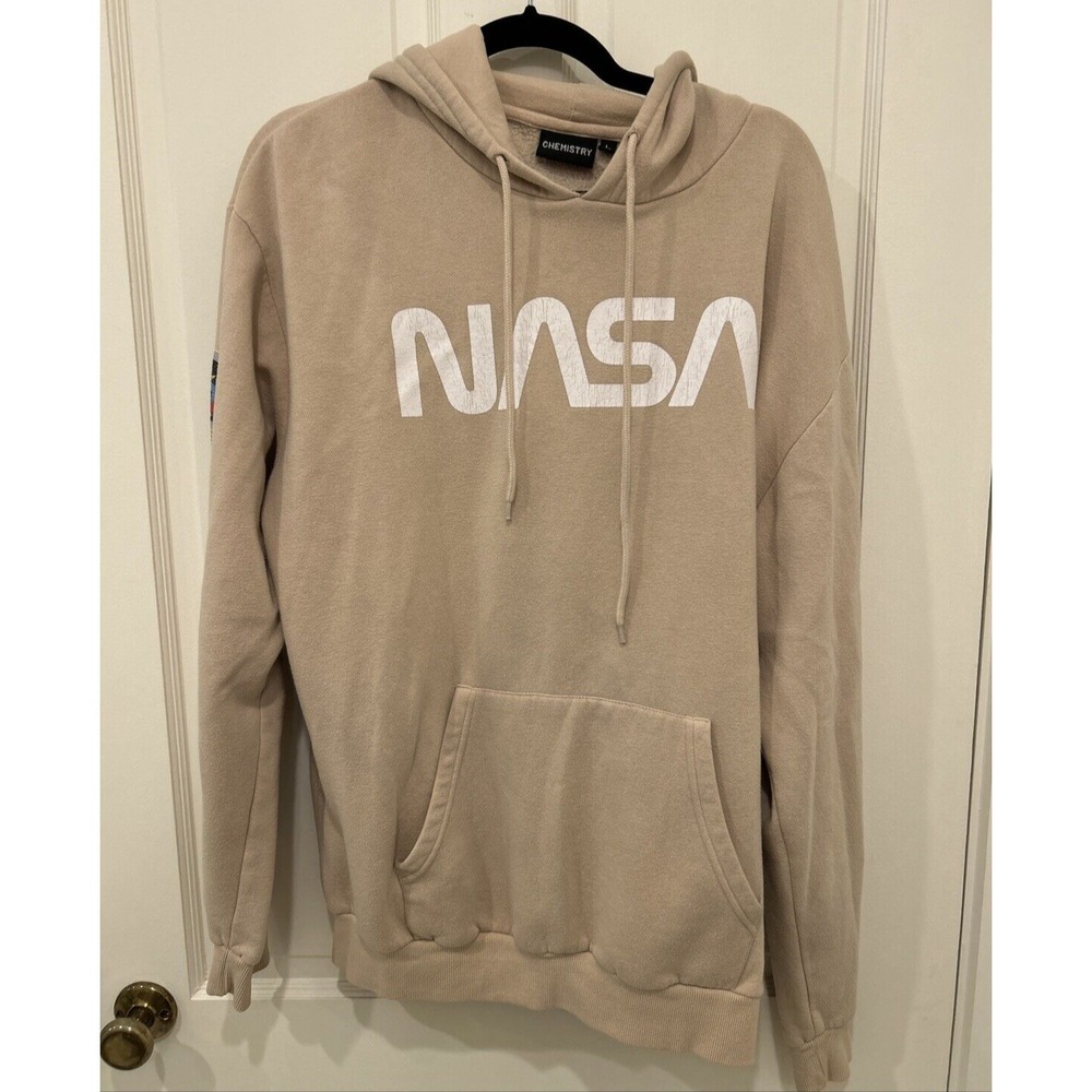 Chemistry NASA Men's Hoodie Size L Beige Sweatshirt Mission Patches Long Sleeve